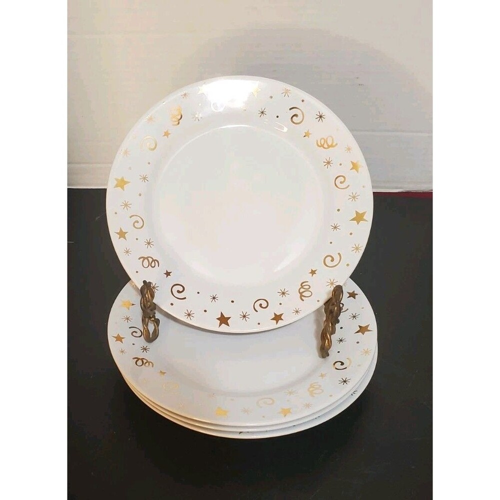 Pampered Chef Celebration Medium Plates 8" White Gold Stars Retired Vtg 4 Pc Set